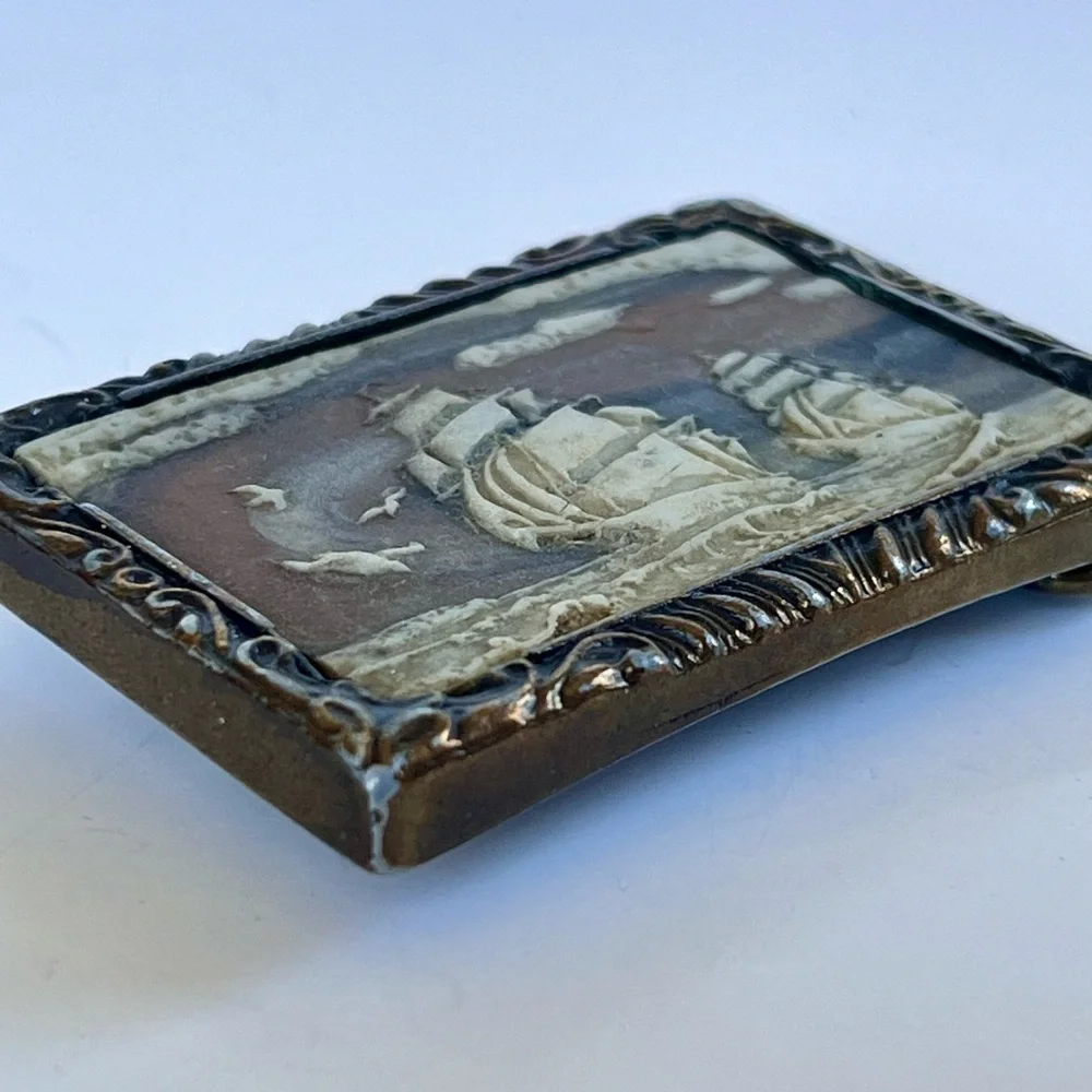Vintage Incolay Belt Buckle Carved Stone Ship Nautical Coastal 1970s Brass